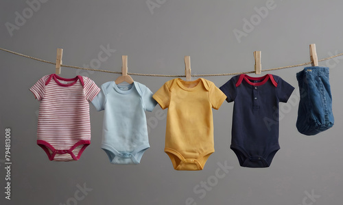 Display of baby clothing on line shirts  shorts  and outerwear