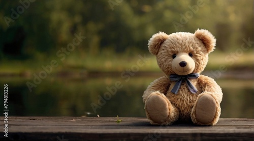 A cute teddy bear sits in nature background