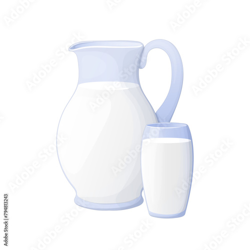 decanter with milk and glass of milk drawn by hand in cartoon style