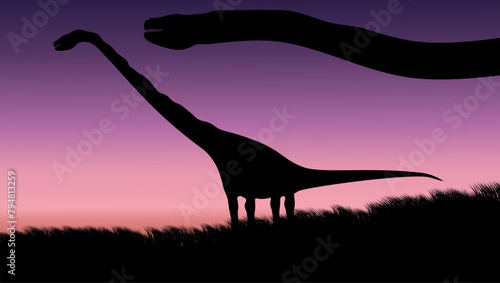 Titanosaurus in a field, flat color illustration