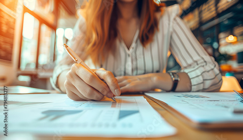 Wallpaper Mural Businesswoman uses a pen to tick off checkboxes on a business performance checklist. Torontodigital.ca