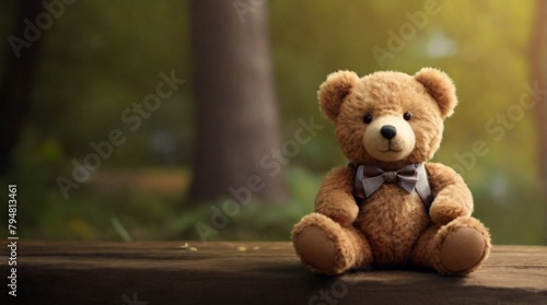 A cute teddy bear sits in nature background