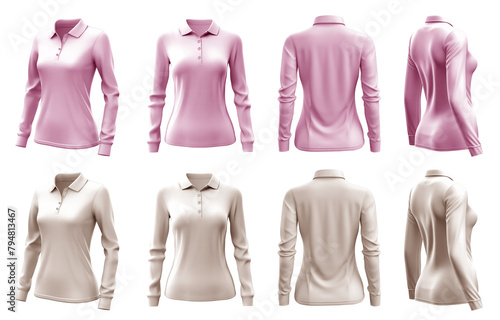 2 Set of woman pastel light pink beige cream front, back and side view collar long sleeve slim fit polo tee shirt on transparent background cutout, PNG file. Mockup template for artwork graphic design