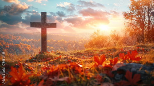 Ascension day concept. The cross on meadow autumn background