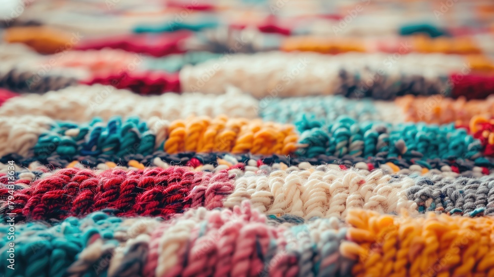 Close-up of colorful knitted textile with varied patterns