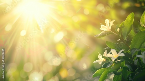 Sun rays shining through green foliage with flowers