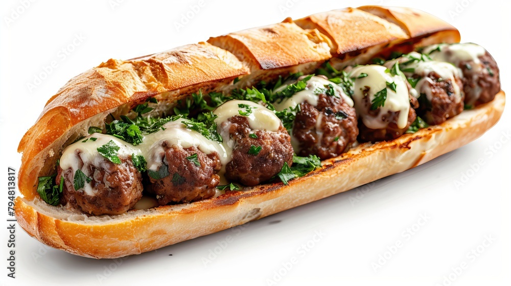 Delicious top-down shot of meatball subs with mozzarella, garlic beef, Italian herbs, in a toasted roll, studio setting, isolated Delicious top-down shot of meatball subs with mozzarella, garlic beef, Italian herbs, in a toasted roll, studio setting, isolated