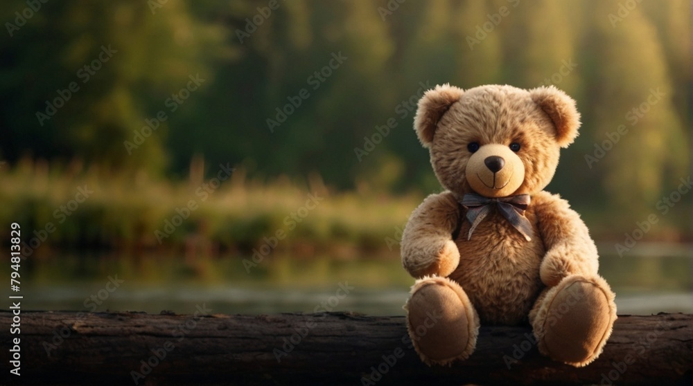 A cute teddy bear sits in nature background A cute teddy bear sits in nature background