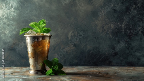 Frosted glass with cold beverage garnished fresh mint on rustic surface