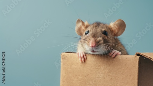 Brown rat peeking out of cardboard box against blue background photo