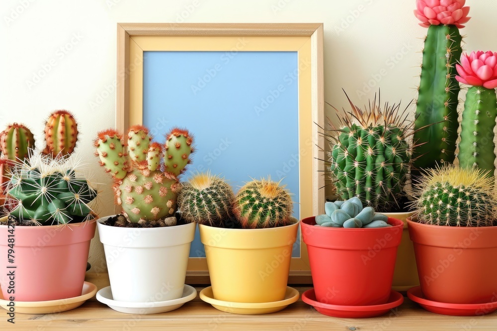 Vibrant Collection of Potted Cacti with Unique Colors in Decorative Interior Setup Vibrant Collection of Potted Cacti with Unique Colors in Decorative Interior Setup