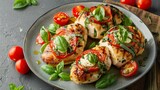 Delicately prepared, top view Caprese stuffed chicken, featuring studio lighting and a minimalist isolated background, emphasizing freshness