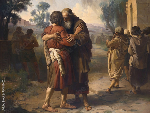 Religious painting showing a father embracing his returning son with a golden sunset background. photo