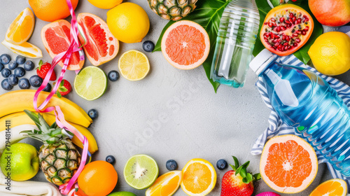 A colorful assortment of fruits and vegetables  including oranges  bananas  and grapes  are arranged in a circle on a counter