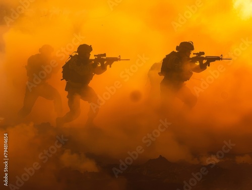 Silhouette of soldiers in the smoke. Military silhouettes.