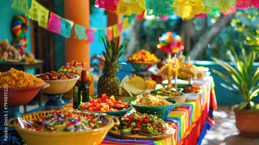 A festive Cinco de Mayo party scene with colorful decorations, and Mexican food.