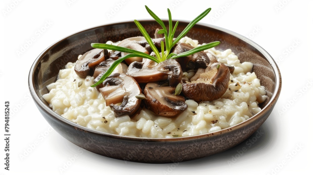 Close view of creamy risotto with mozzarella and earthy mushrooms, served under precise studio lighting, isolated for focused impact Close view of creamy risotto with mozzarella and earthy mushrooms, served under precise studio lighting, isolated for focused impact