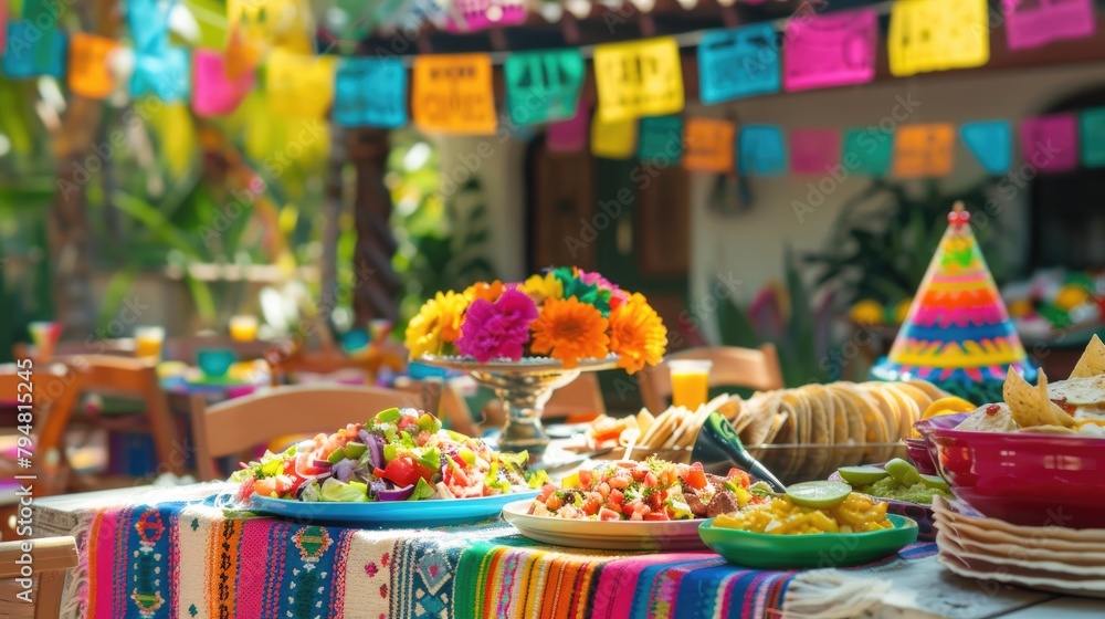 A festive Cinco de Mayo party scene with colorful decorations, piÃ±atas, and Mexican food.