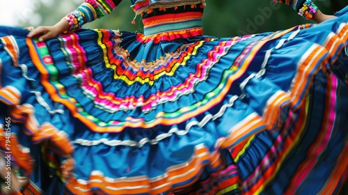 A dynamic shot of a traditional Mexican folk dance performance at a Cinco de Mayo event. 
