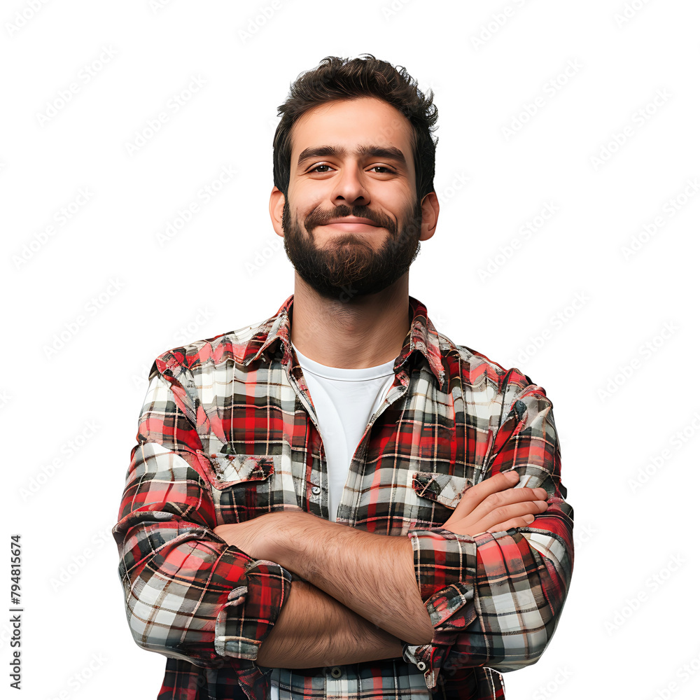 Satisfied young man with crossed arms gesture on isolated transparent background Satisfied young man with crossed arms gesture on isolated transparent background