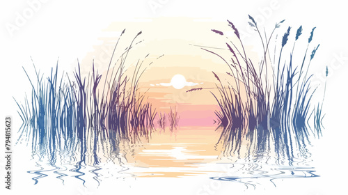 Reeds on the shore of the lake at sunset. Plants are