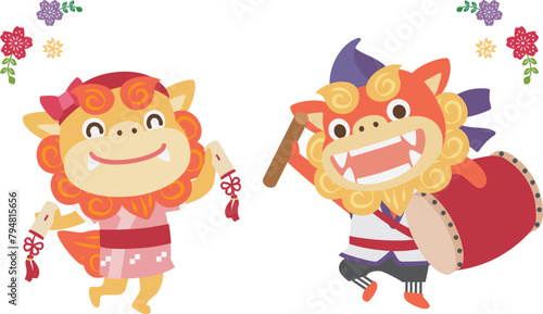 沖縄のエイサーを楽しく踊るシーサー/ベクターイラスト