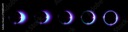 Stages of eclipse of sun by moon. Realistic vector illustration set of different steps of stellar corona from crescent to ring. Blue astronomy galaxy circle with neon glow effect, rays and sparkles.