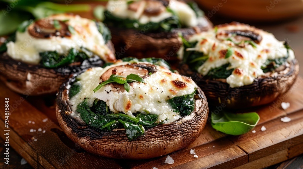 Close-up of Portobello mushrooms stuffed with spinach, mozzarella, and cream cheese, isolated background, studio lighting, raw style Close-up of Portobello mushrooms stuffed with spinach, mozzarella, and cream cheese, isolated background, studio lighting, raw style