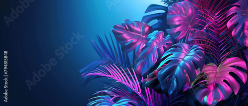 tropical leaves in neon Light  minimalism with empty copy space
