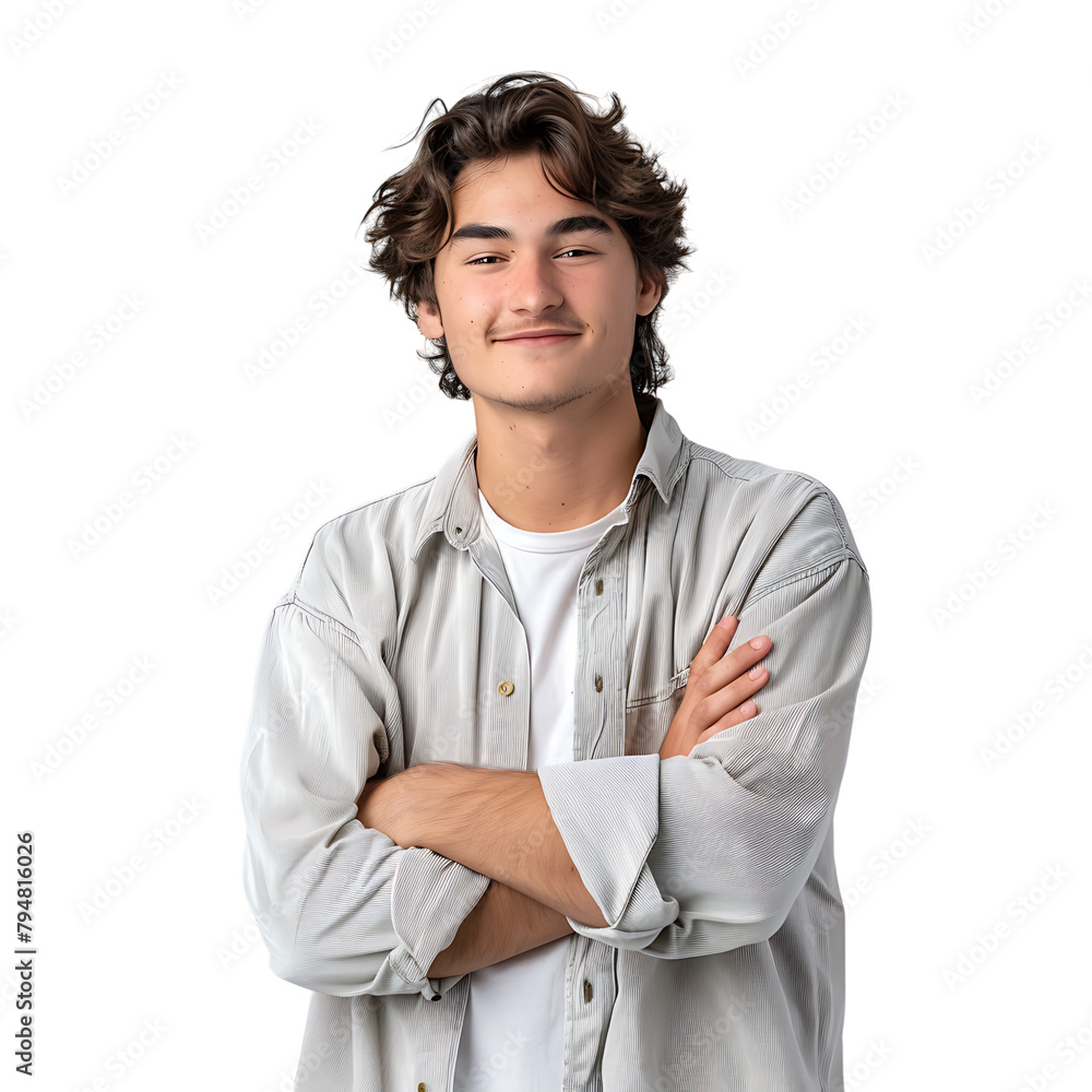 Satisfied young man with crossed arms gesture on isolated transparent background Satisfied young man with crossed arms gesture on isolated transparent background