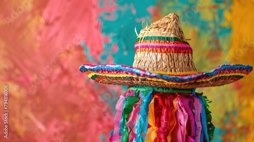 A close-up of a piÃ±ata shaped like a sombrero against a vibrant Cinco de Mayo backdrop.