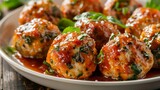 Close-up of cheesy spinach and mozzarella stuffed chicken meatballs, golden-baked, served with marinara, studio lighting, isolated background