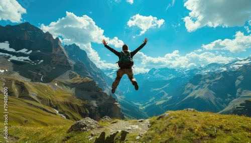 A man is jumping in the air with his arms outstretched  surrounded by mountains by AI generated image