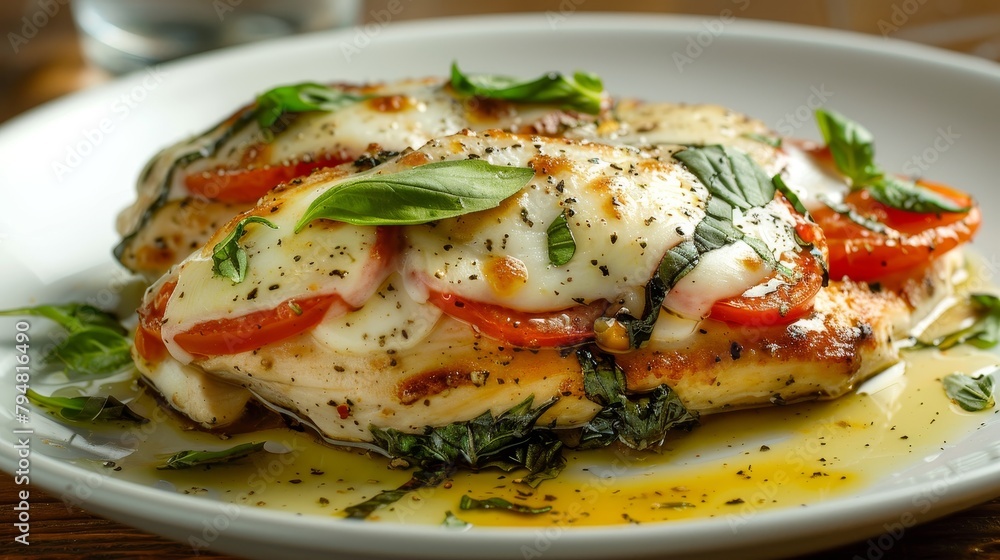 Caprese Stuffed Chicken breast showcasing layers of fresh basil, tomato, and melted mozzarella, baked to perfection, studio lighting, isolated