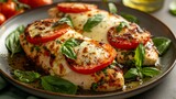 Caprese Stuffed Chicken breast showcasing layers of fresh basil, tomato, and melted mozzarella, baked to perfection, studio lighting, isolated