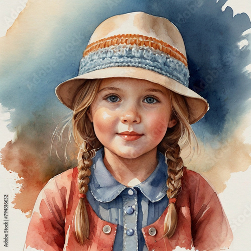 Young Girl in a Hat With Braided Hair Against a Watercolor Background