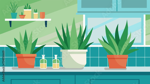 A of vibrant Aloe Vera plants on a kitchen counter their ability to remove formaldehyde making them the perfect addition to any home