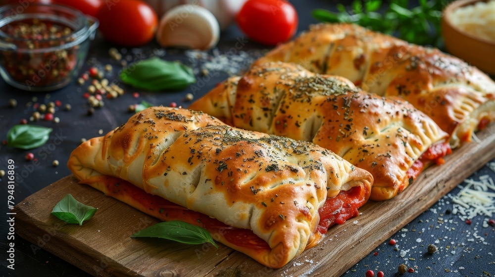 Artistic top view of Mozzarella and Pepperoni Stuffed Calzones, perfect studio lighting, isolated background emphasizes the meal's details Artistic top view of Mozzarella and Pepperoni Stuffed Calzones, perfect studio lighting, isolated background emphasizes the meal's details