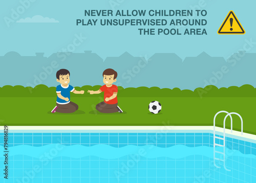 Safety rule for kids. Two male kids playing "rock paper scissors" game beside outdoor swimming pool. Flat vector illustration template.