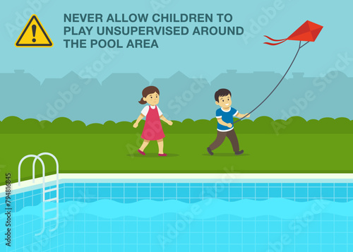 Safety rule for kids. Male and female kids flying kite close to outdoor swimming pool. Flat vector illustration template.