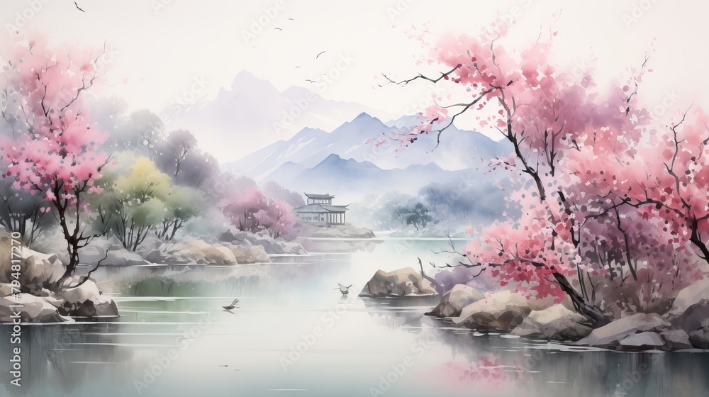 A serene painting capturing a flowing river with lush trees lining its banks and majestic mountains in the background