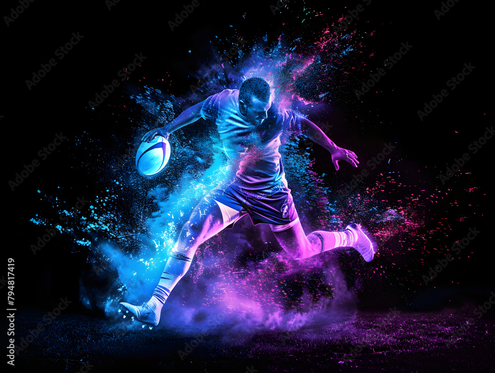 Fototapeta premium A rugby player is launching a ball into the sky with force