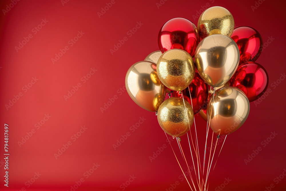 red and golden shiny foil balloons with gold presents, on the red matte background , with empty copy space red and golden shiny foil balloons with gold presents, on the red matte background , with empty copy space