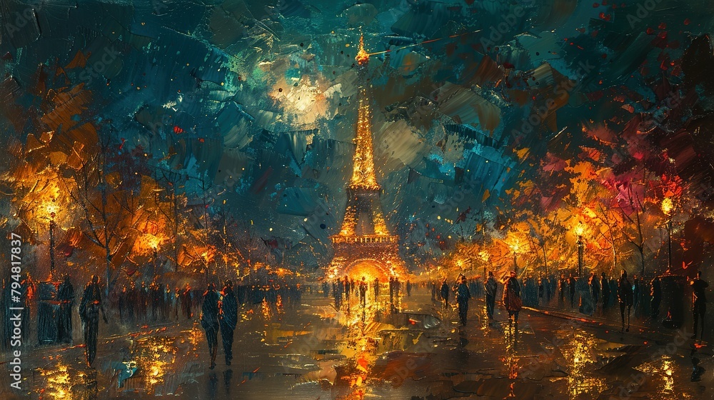 Obraz premium Parisian Passion: Artwork Capturing 2024 Olympics Ceremony at Eiffel Tower