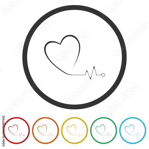 Heart pulse one line icon. Set icons in color circle buttons