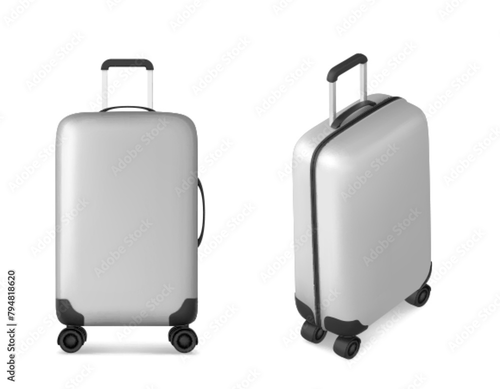3d realistic isolated travel suitcase vector icon. Airport plastic luggage concept on white background. Baggage accessory with black handle. Minimal suit case flight equipment blank design template 3d realistic isolated travel suitcase vector icon. Airport plastic luggage concept on white background. Baggage accessory with black handle. Minimal suit case flight equipment blank design template