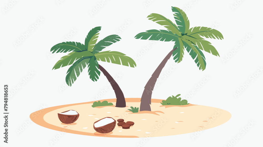 Sandy island with two coconut palm trees and fallen
