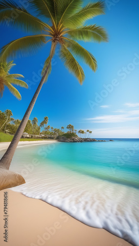 Beautiful beach with palm at the ocean, travel postcard