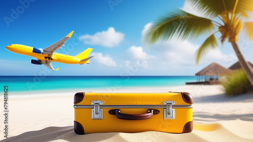 Yellow retro suitcase on blurred background of the beautiful beach with airplane