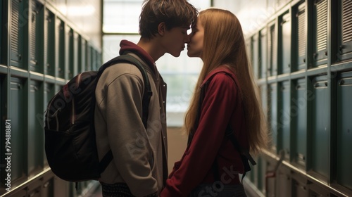 A first kiss between two teenagers. photo